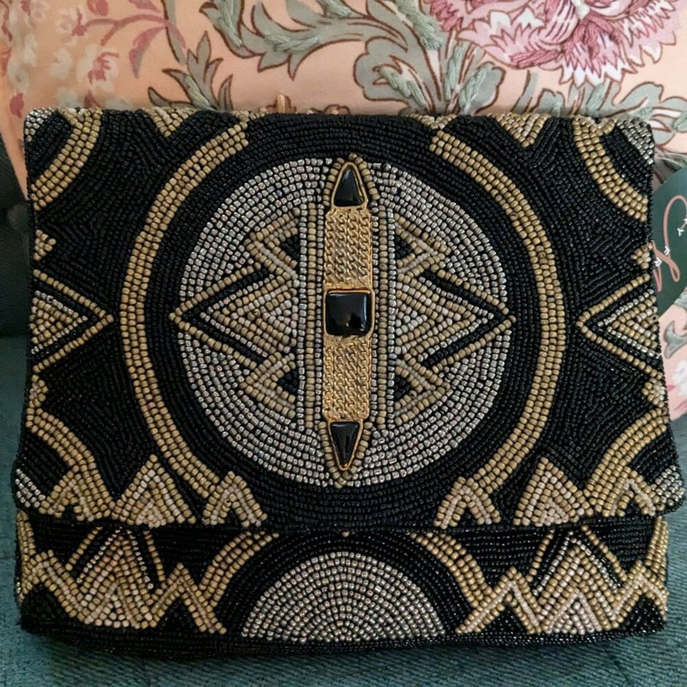 Mary Frances Time Traveler All Natural Gemstones Black Onyx Bag Clutch NWT